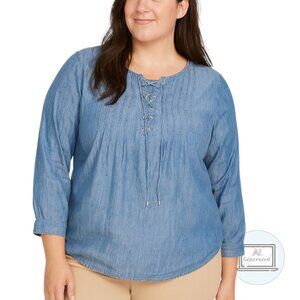 Talbots Womens Pintuck Lace Up Denim Chambray Top Blue Lyocell Petite Size Lp